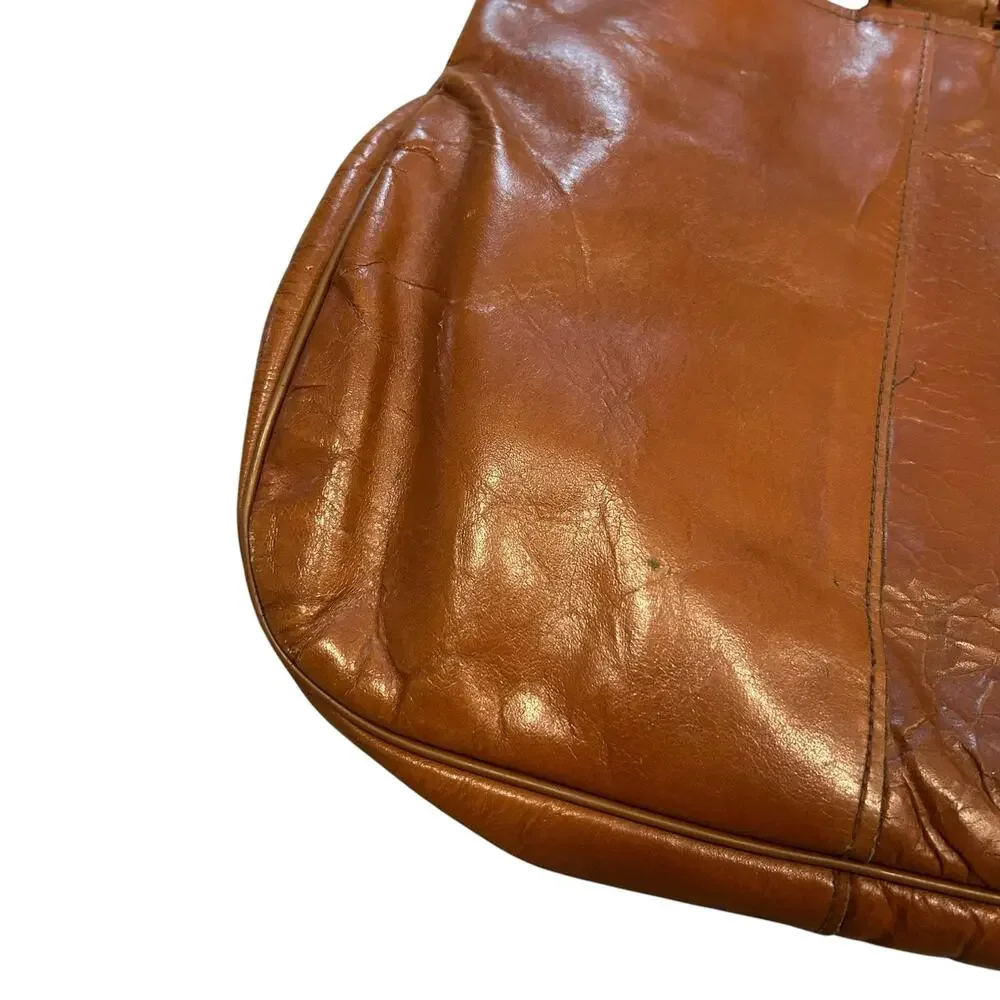 Vintage 80s Cognac Leather Hobo Shoulder Bag Whipstitch Heart Embroidery
